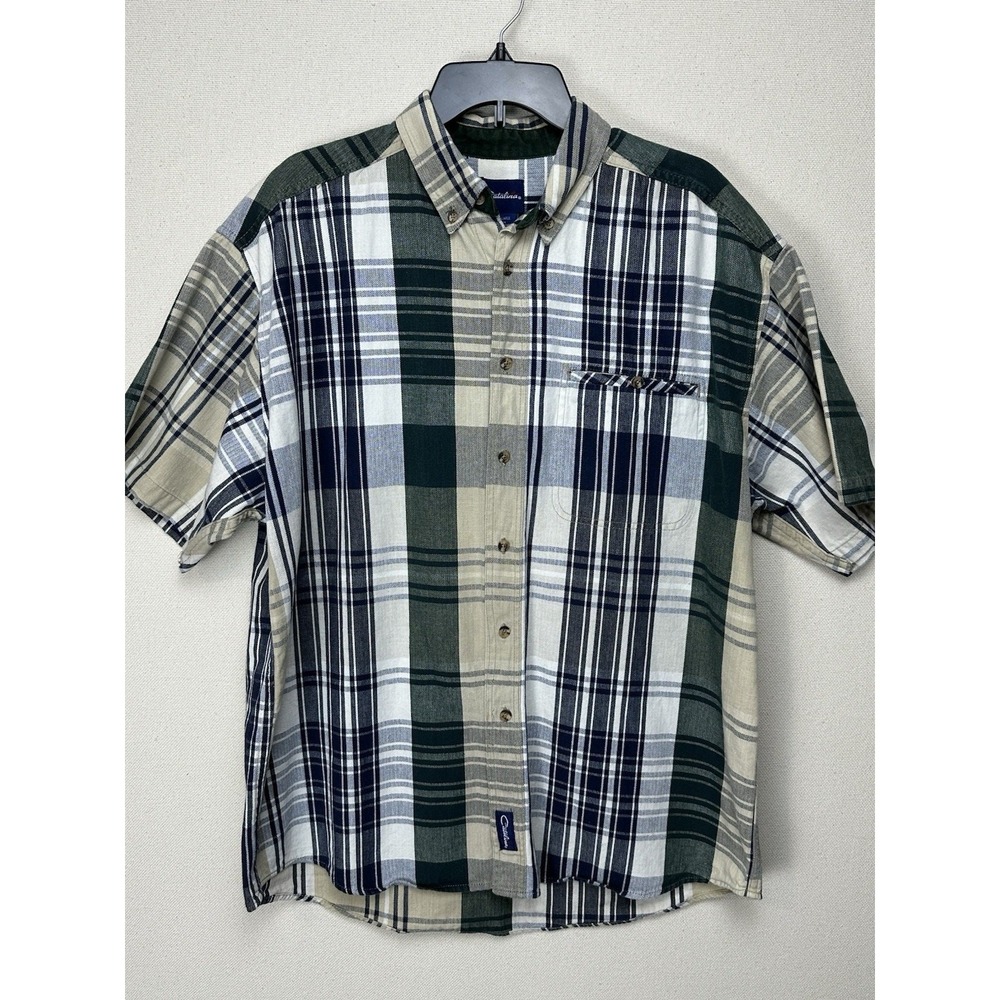Catalina Men's Short Sleeve Shirt Sz L Thick 100% Cotton Blue Green Plaid